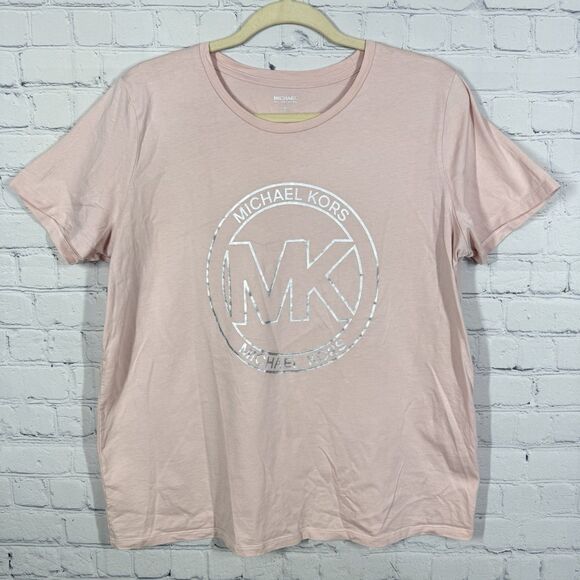 Michael Kors Shirt Women XL Rose Pink Big Spelling Stretch Stretch Big Spell Y2K - Picture 1 of 7
